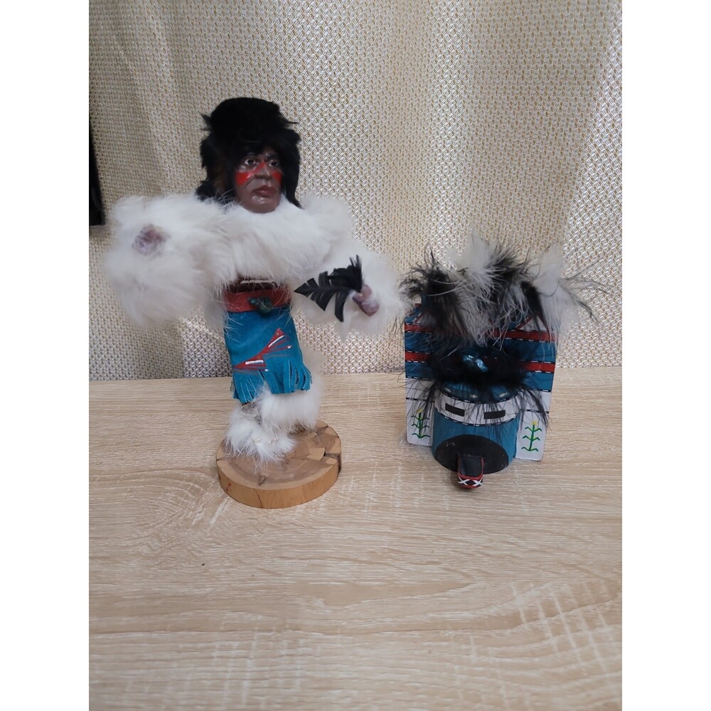 Southwest Native Indian Dancing Kachina Warrior woodheaddress signed Fur Leather